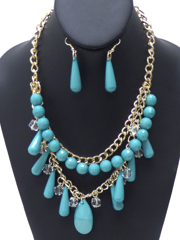 LAYER CHAIN BEADS AND TURQUOISE STONE NECKLACE SET