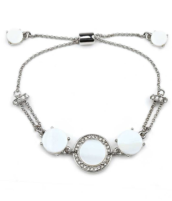 MOTHER OF PEARL AND CRYSTAL DISK PULL TIE BRACELET
