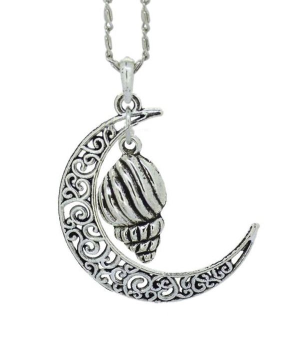 METAL FILIGREE MOON AND TURBO SHELL PENDANT NECKLACE