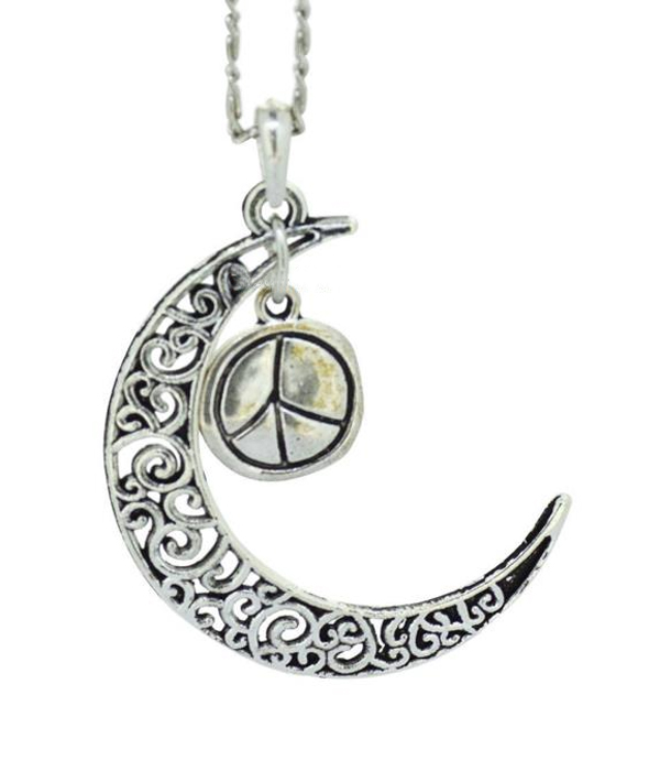 METAL FILIGREE MOON AND PEACE PENDANT NECKLACE