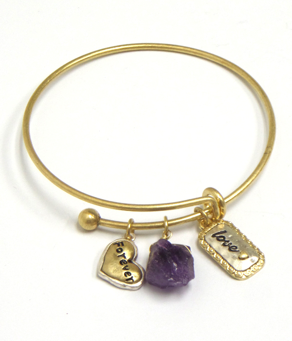 HANDMADE HEART AND NATURAL STONE CHARM ADJUSTABLE WIRE BANGLE BRACELET - FOREVER LOVE
