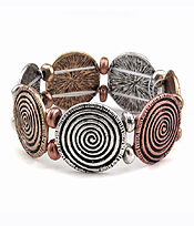 BURNISH SWIRL TEXTURED METAL DISK LINK STRETCH BRACELET
