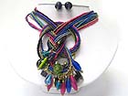 MULTI GLASS BEADS DANGLE BRAIDED LONG MULTI ROW SEED BEADS NECKALCE EARRING SET