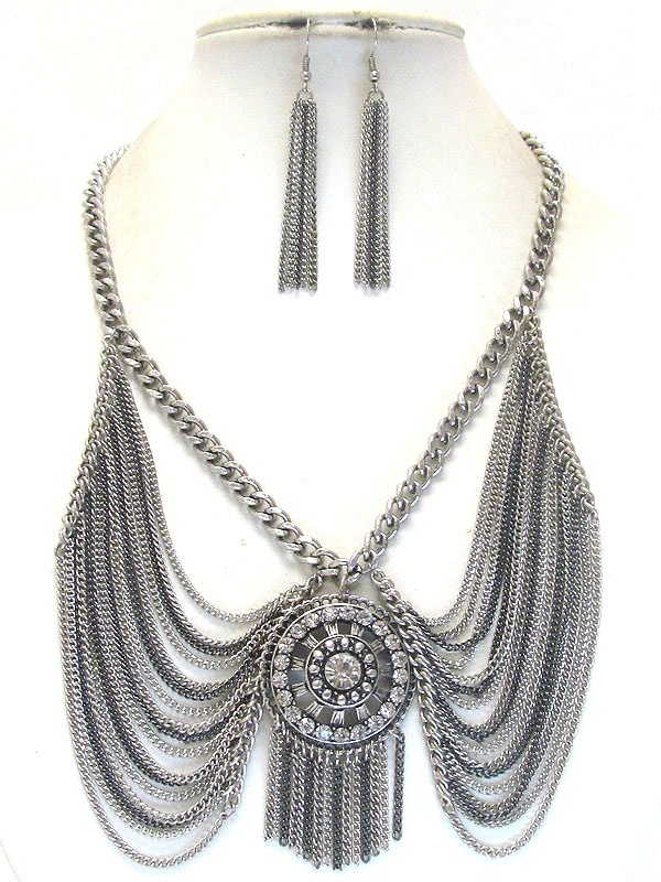 CRYSTAL MEDALLION AND MULTI CHAIN DROP DRESS NECKLACE EARRING SET
