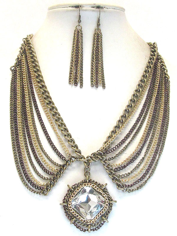 FACET GLASS CENTER AND MULTI CHAIN DROP DRESS NECKLACE EARRING SET