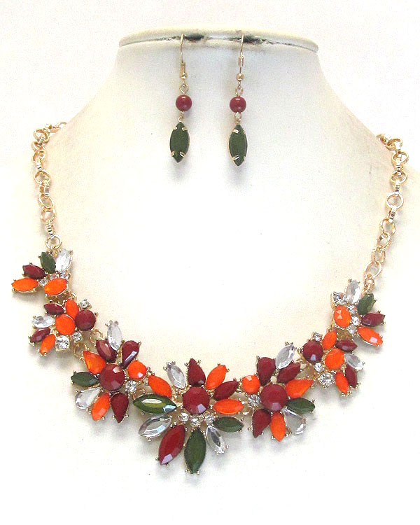 MULTI COLOR ACRYLIC STONE DECO FLOWER LINK PARTY NECKLACE EARRING SET