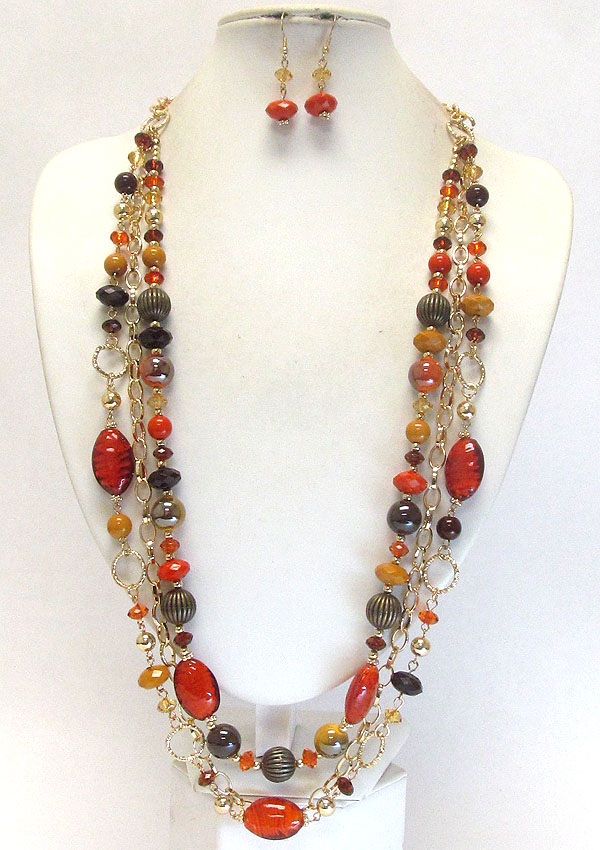 MULTI COLOR GLASS BEAD AND CHAIN LONG NECKLACE EARRING SET