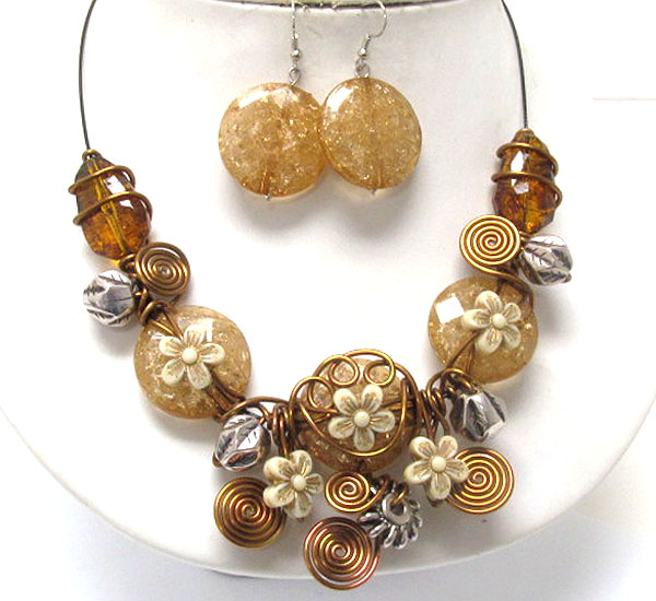 MULTI AMBER INSPIRED STONE AND FLOWER DECO WIRE ART NECKLACE EARRING SET