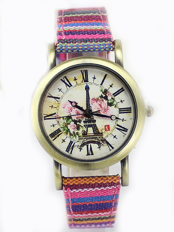 VINTAGE EIFFEL TOWER PRINT AND FABRIC BAND WATCH