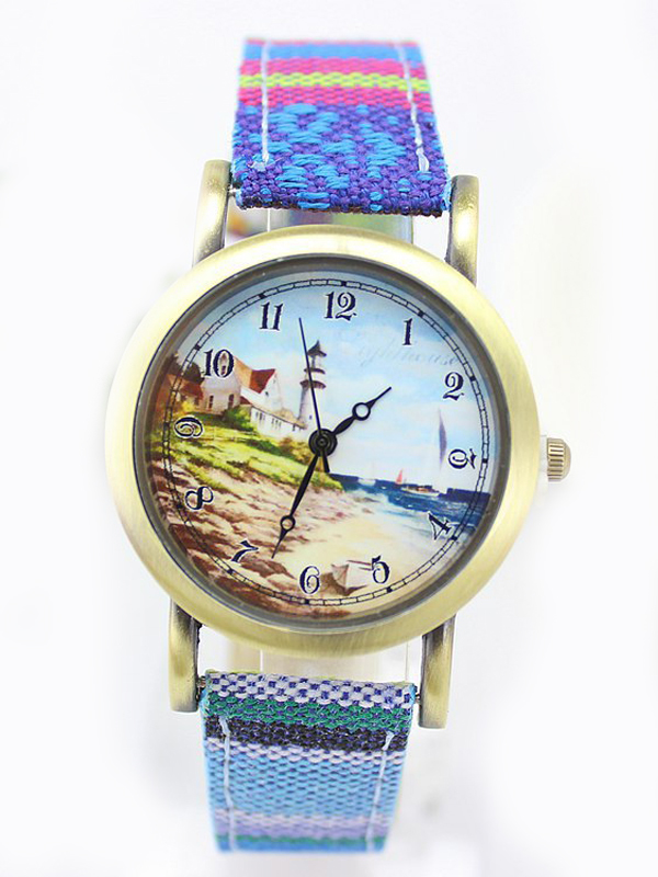 VINTAGE LIGHTHOUSE PRINT AND FABRIC BAND WATCH