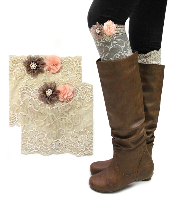 VINTAGE LACE AND FLOWER ACCENT SHORT BOOT TOPPERS - BOOT CUFFS