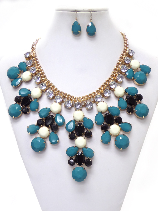 MULTI TEARDROP STONE AND CRYSTAL CHAIN NECKLACE SET