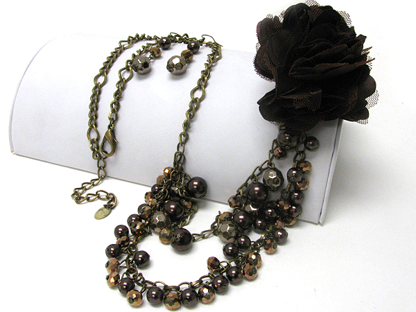 MULTI GLASS STONE FABRIC FLOWER CORSAGE LONG NECKLACE EARRING SET