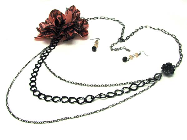 LARGE FABRIC FLOWER AND MULTI CHAIN DROP CORSAGE NECKLACE EARRING SET
