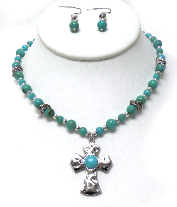 TURQUOISE BEADS WITH METAL CROSS NECKLACE SET 