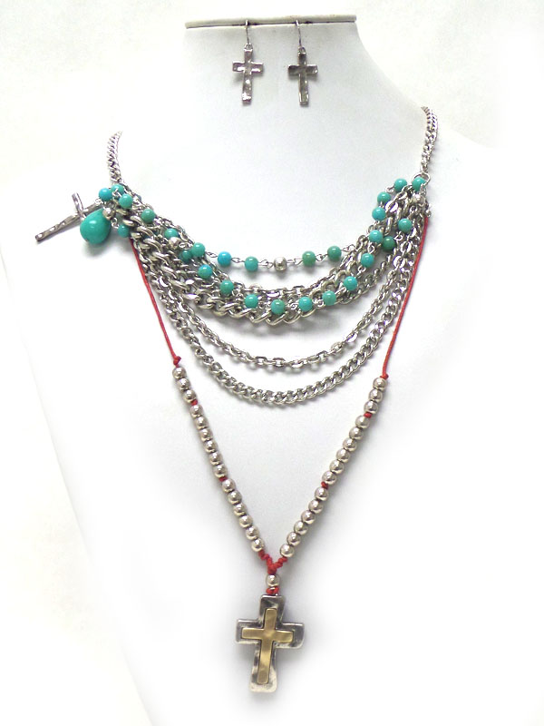 LAYERS OF CHAIN AND BEADS  WITH CROSS NECKLACE SET