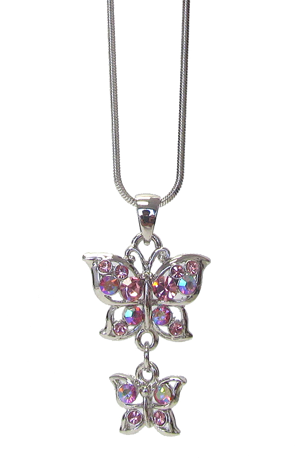 MADE IN KOREA WHITEGOLD PLATING CRYSTAL DOUBLE BUTTERFLY PENDANT NECKLACE