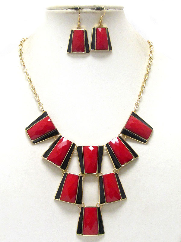 FACET ACRYLIC SQUARE STONE LINK BIB STYLE COCKTAIL NECKLACE EARRING SET