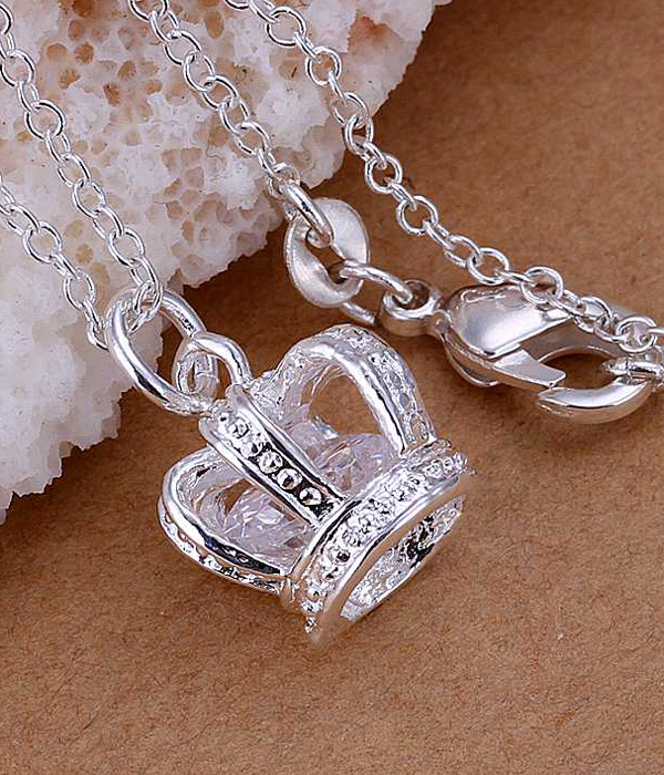 925 STERLING SILVER PLATING CRYSTAL CROWN PENDANT NECKLACE