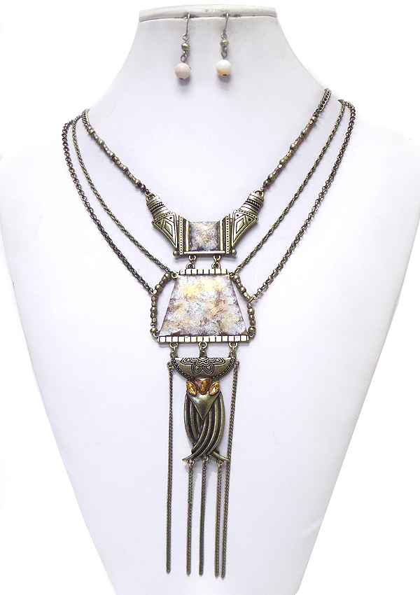 GRANITE TEXTURED AND TASSEL DROP MULTI LAYER NECKLACE SET