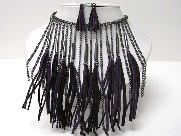 MULTI ROW METAL CHAIN AND SUEDE DROP NECKLACE EARRING SET