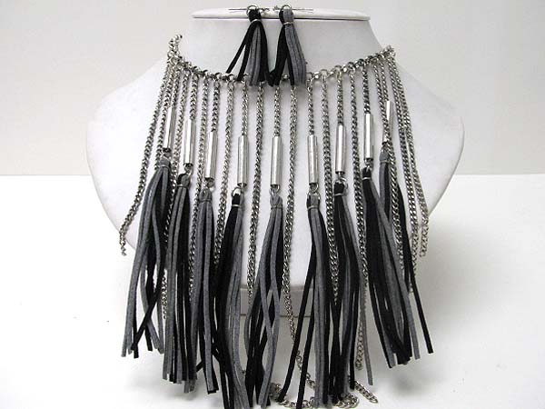 MULTI ROW METAL CHAIN AND SUEDE DROP NECKLACE EARRING SET 