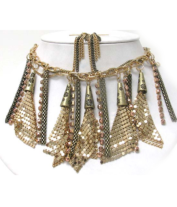 METAL MESH AND CRYSTAL TASSEL DANGLE NECKLACE EARRING SET