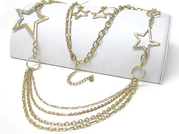 CRYSTAL STUD METAL STAR AND MULTI CHAIN LINK NECKLACE EARRING SET