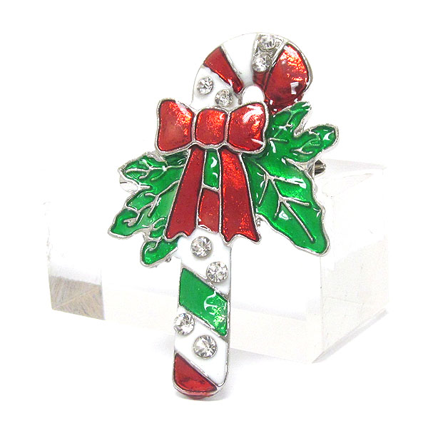 CRYSTAL AND EPOXY DECO CHRISTMAS CANDY STICK AND BOW PIN OR BROOCH