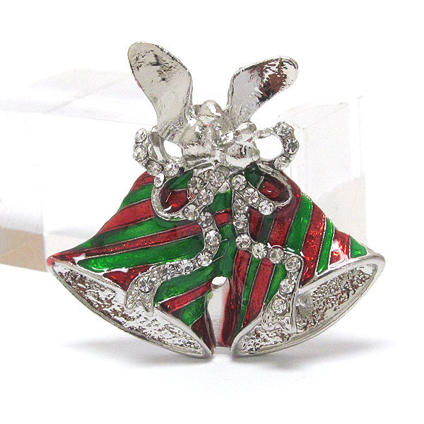 CRYSTAL AND EPOXY DECO DOUBLE CHRISTMAS BELL PIN OR BROOCH