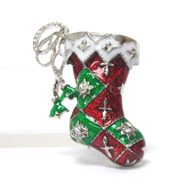 CRYSTAL AND EPOXY DECO CHRISTMAS SOCK PIN OR BROOCH
