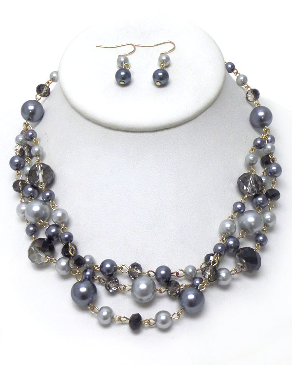 THREE ROWS PEARL AND GLASS MIXED NECKLACE SET