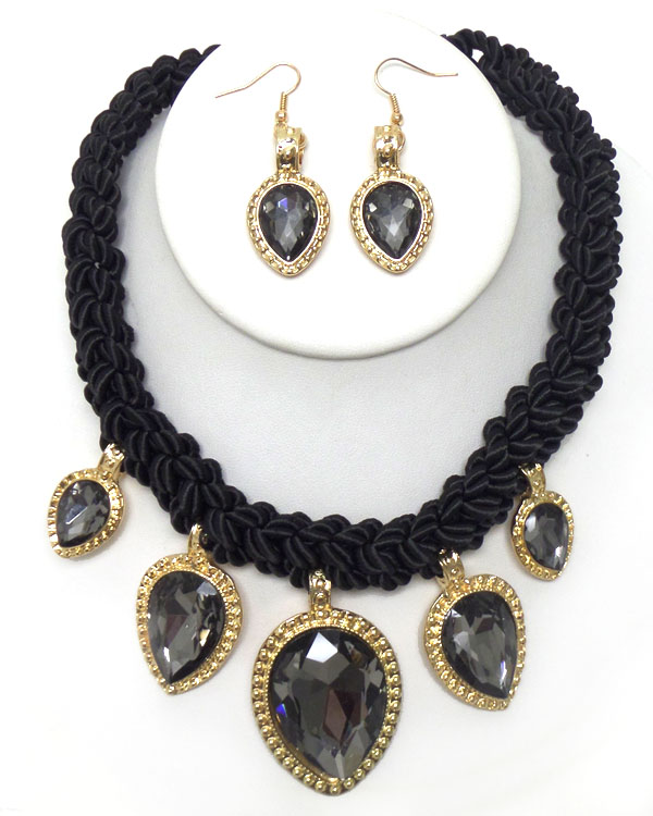 BLACK TWISTED ROPE WITH CRYSTAL DROP NECKLACE SET 