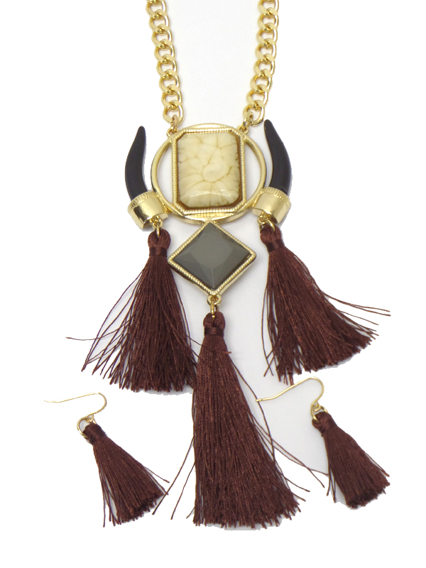 HORNS WITH TASSEL DROP LONG NECKLACE SET