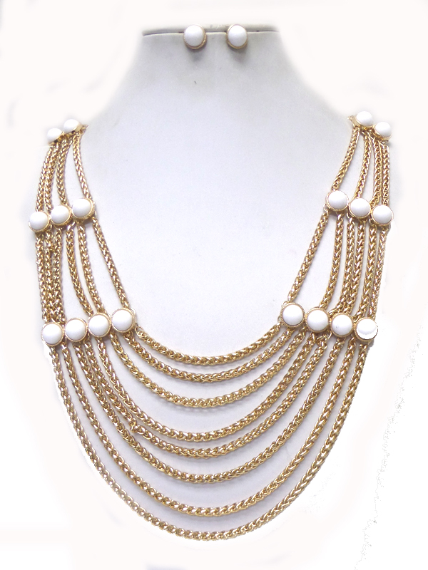 MULTI LAYER ROUND STONE ACCENT HANGING CHAIN NECKLACE SET