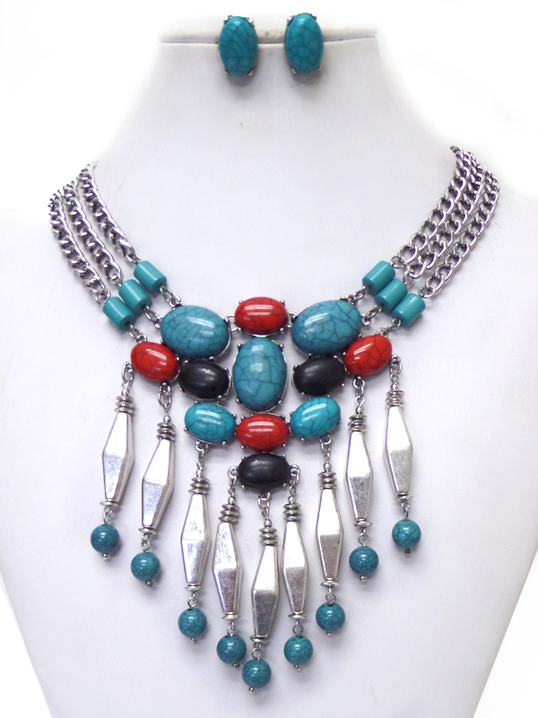 TRIBAL LOOK NATURAL STONE AND TAIL DROP NECKLACE SET
