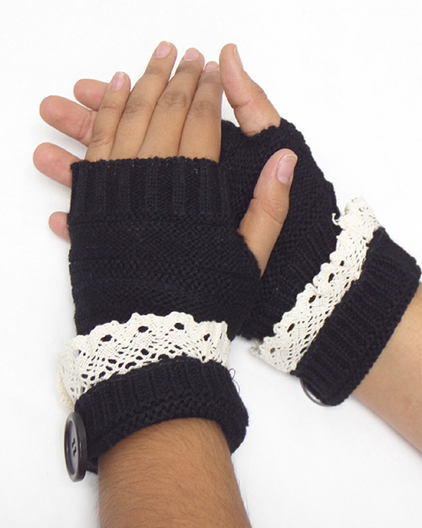 TWO BUTTON AND LACE OPEN FINGER CROCHET GLOVES