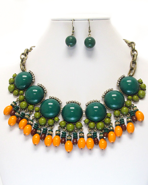 MULTI PUFFY ACRYLIC STONE AND CRYSTAL DECO AND BEAD DROP NECKLACE EARRING SET