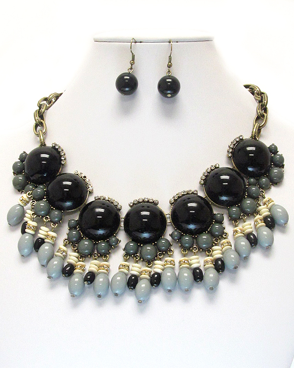 MULTI PUFFY ACRYLIC STONE AND CRYSTAL DECO AND BEAD DROP NECKLACE EARRING SET