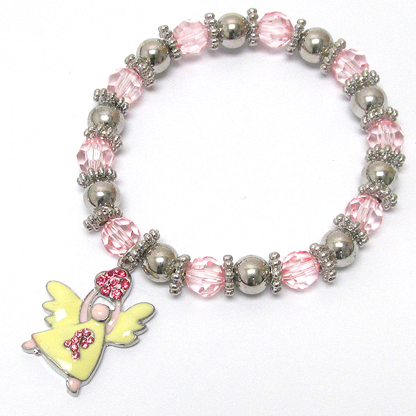 BREAST CANCER AWARENESS CRYSTAL PINK RIBBON AND ANGEL STRETCH BRACELET