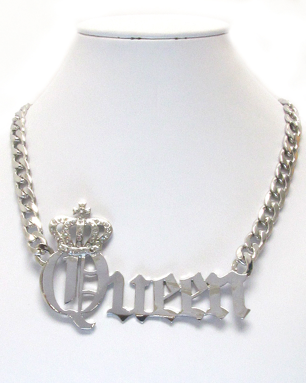 CRYSTAL DECO CROWN AND QUEEN PENDANT AND THICK CHAIN NECKLACE