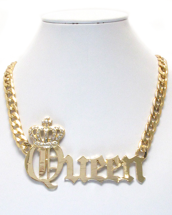 CRYSTAL DECO CROWN AND QUEEN PENDANT AND THICK CHAIN NECKLACE