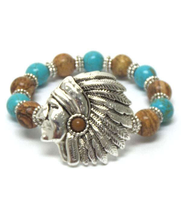 TURQUOISE AND BROWN STONE INDIAN HEAD BRACELET