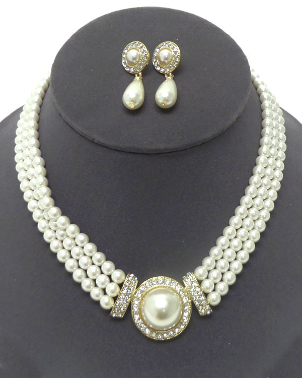 THREE LAYER PEARL WITH CRYSTALS NECKLACE SET