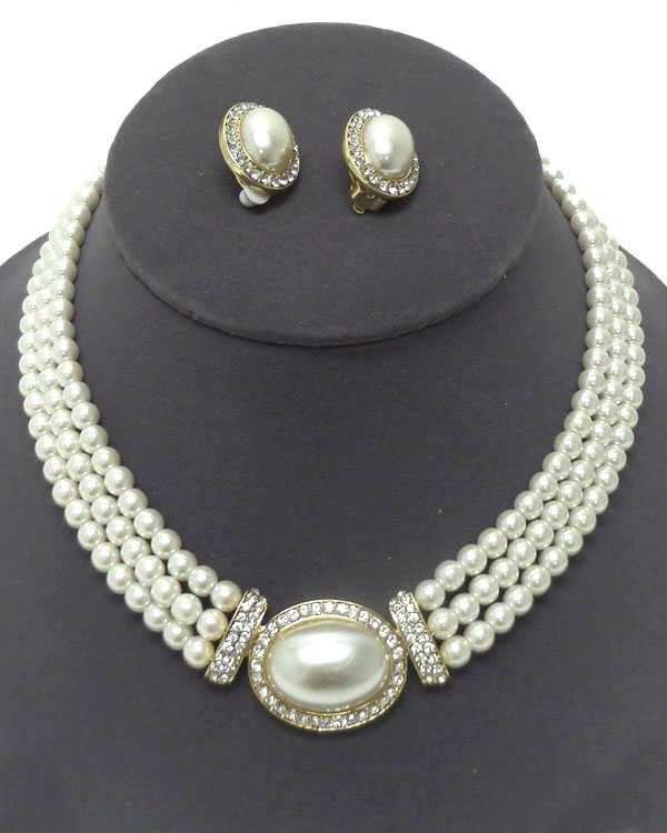 THREE LAYER PEARL WITH CRYSTALS NECKLACE SET