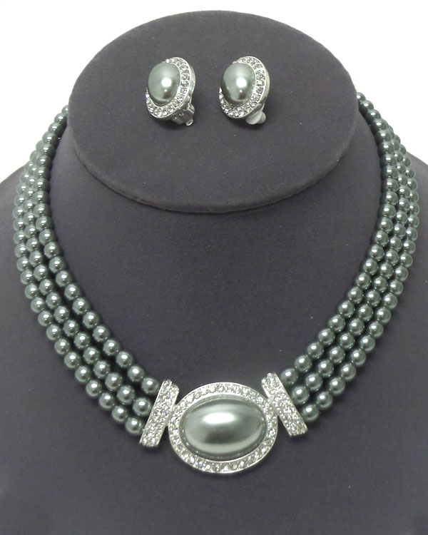 THREE LAYER PEARL WITH CRYSTALS NECKLACE SET 