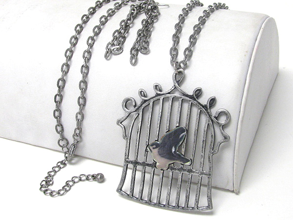 BIRD IN CAGE PENDANT LONG NECKLACE EARRING SET