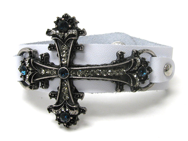 CRYSTAL STUD CROSS AND SYNTHTIC LEATHER BAND BRACELET