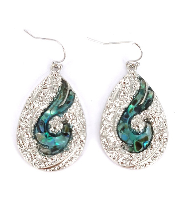 ABALONE AND TEXUTERED METAL TEARDROP EARRING