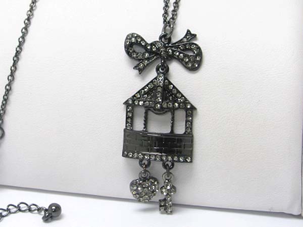 CRYSTAL LOVE HOUSE PENDANT LONG NECKLACE 